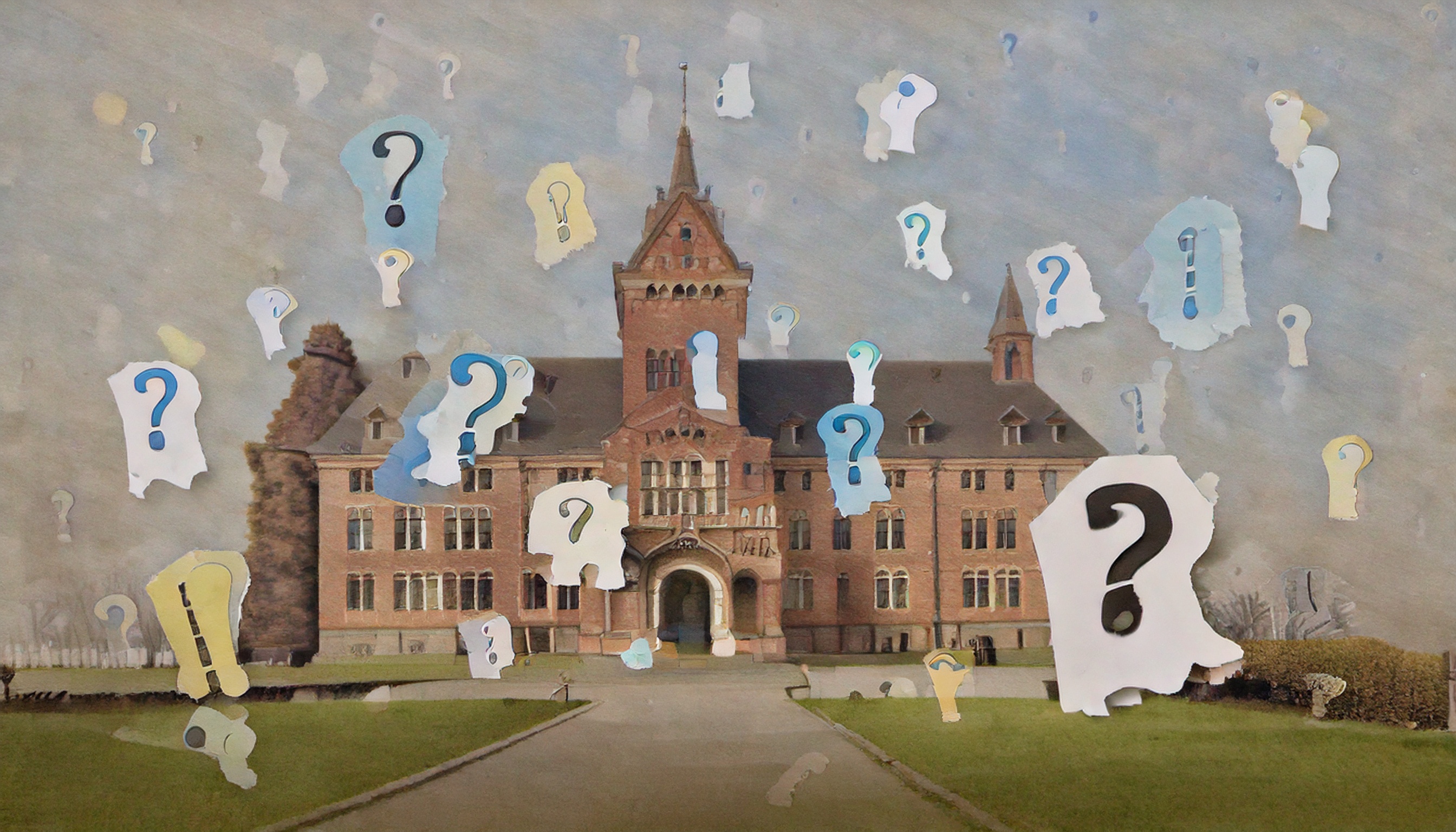 ein mit Aquarellfarben gemaltes Bild von einer Schule, darüber liegen aus Papier ausgerissene Frageziechen in vielen Farben